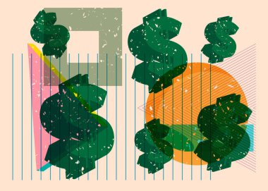 Geometrik şekilli Risograph Dolar İşareti. Geometri elemanları ile modayı gösteren riso grafik desen tasarımı nesneleri.