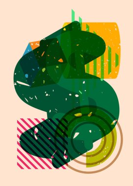 Geometrik şekilli Risograph Dolar İşareti. Geometri elemanları ile modayı gösteren riso grafik desen tasarımı nesneleri.