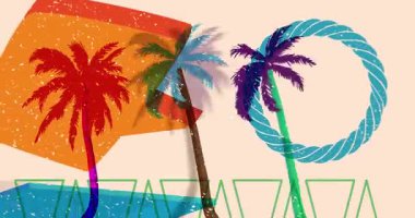 Risograph Palmiye ağacı ve geometrik şekilli konuşma balonu animasyonu. Moda riso grafik tasarım videosunda nesne taşınıyor.