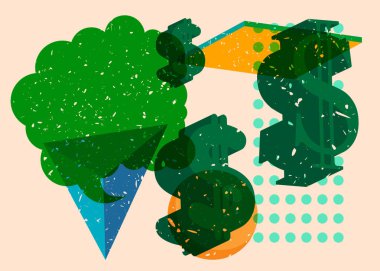 Geometrik şekilli konuşma baloncuklu Risograph Dolar İşareti. Geometri elemanları ile modayı gösteren riso grafik desen tasarımı nesneleri.