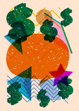 Geometrik şekilli konuşma baloncuklu Risograph Dolar İşareti. Geometri elemanları ile modayı gösteren riso grafik desen tasarımı nesneleri.