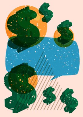 Geometrik şekilli konuşma baloncuklu Risograph Dolar İşareti. Geometri elemanları ile modayı gösteren riso grafik desen tasarımı nesneleri.