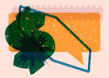 Geometrik şekilli konuşma baloncuklu Risograph Dolar İşareti. Geometri elemanları ile modayı gösteren riso grafik desen tasarımı nesneleri.