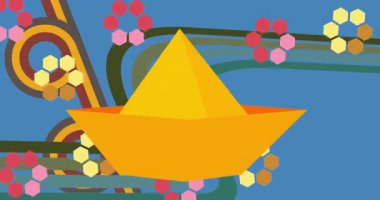 70 'lerin arka plan animasyonu Paper Boat ile. Harika Origami Gemisi 1970 'lerin sanat videosu. Minimalist Vintage tasarımı, eski moda renk çizimi.