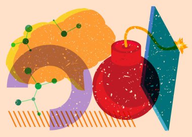 Geometrik şekilli konuşma baloncuklu Risograph Bomb. Geometri elemanları ile modayı gösteren riso grafik desen tasarımı nesneleri.