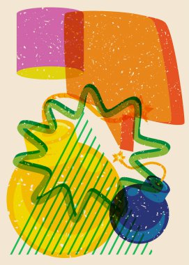 Geometrik şekilli konuşma baloncuklu Risograph Bomb. Geometri elemanları ile modayı gösteren riso grafik desen tasarımı nesneleri.