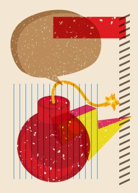 Geometrik şekilli konuşma baloncuklu Risograph Bomb. Geometri elemanları ile modayı gösteren riso grafik desen tasarımı nesneleri.