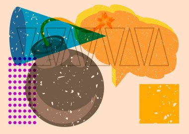 Geometrik şekilli konuşma baloncuklu Risograph Bomb. Geometri elemanları ile modayı gösteren riso grafik desen tasarımı nesneleri.