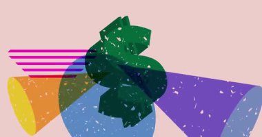 Risograph Dolar İşareti ve geometrik şekilli konuşma balonu animasyonu. Moda riso grafik tasarım videosunda nesne taşınıyor.