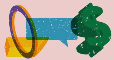 Risograph Dolar İşareti ve geometrik şekilli konuşma balonu animasyonu. Moda riso grafik tasarım videosunda nesne taşınıyor.