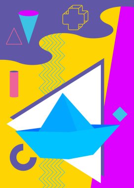 Kağıt gemi geometrik grafik retro temalı arka plan. Minimum geometrik elementler. Klasik soyut şekiller vektör illüstrasyonu.