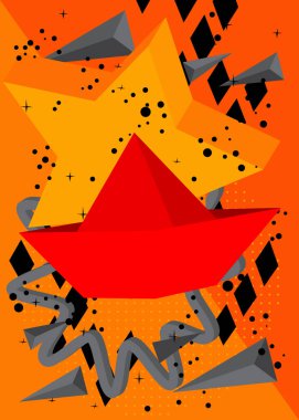 Kağıt gemi geometrik grafik retro temalı arka plan. Minimum geometrik elementler. Klasik soyut şekiller vektör illüstrasyonu.