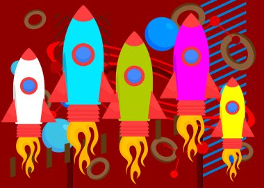 Roket gemisi geometrik grafik retro temalı arka plan. Minimum geometrik elementler. Klasik soyut şekiller vektör illüstrasyonu.