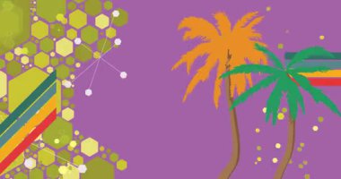 Retro 70 'lerin Palm Tree animasyonu. Harika Tropik İklim 1970 'lerin sanat videosu. Minimalist Vintage tasarımı, eski moda renk çizimi.