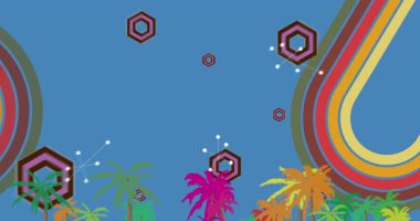 Retro 70 'lerin Palm Tree animasyonu. Harika Tropik İklim 1970 'lerin sanat videosu. Minimalist Vintage tasarımı, eski moda renk çizimi.