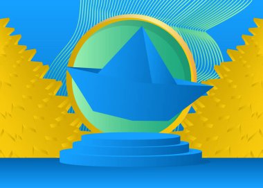 Kağıt gemiyle model ürün sergisi. Vektör silindirli kaide podyumu. Sunum için sahne gösterisi. En küçük geometrik biçimler.