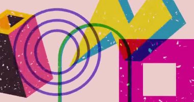 Renkli geometrik şekiller animasyon. Moda riso grafik tasarımlı nesne. Geometri ögeleri soyut risograph doku tarzı video.