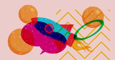 Risograph Roket Gemisi ve geometrik şekilli konuşma balonu animasyonu. Moda riso grafik tasarım videosunda nesne taşınıyor.
