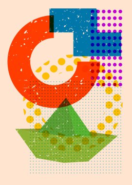 Geometrik şekilli risograph kağıt gemi. Geometri elemanları ile modayı gösteren riso grafik desen tasarımı nesneleri.