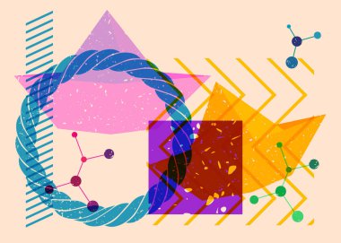 Geometrik şekilli risograph kağıt gemi. Geometri elemanları ile modayı gösteren riso grafik desen tasarımı nesneleri.