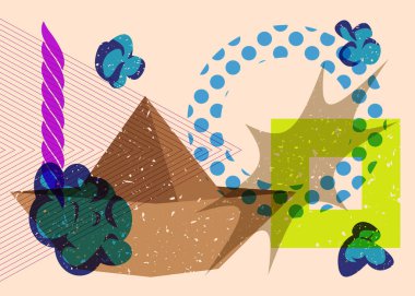 Geometrik şekilli risograph kağıt gemi. Geometri elemanları ile modayı gösteren riso grafik desen tasarımı nesneleri.