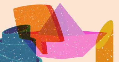Risograph kağıt gemi ve geometrik şekilli konuşma balonu animasyon. Moda riso grafik tasarım videosunda nesne taşınıyor.