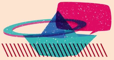 Risograph kağıt gemi ve geometrik şekilli konuşma balonu animasyon. Moda riso grafik tasarım videosunda nesne taşınıyor.