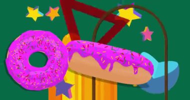 Donut geometrik grafik retro Tatlı Yemek temalı arka plan videosu. Minimum geometrik elementler animasyonu. Klasik soyut şekiller reklam için resimleme.