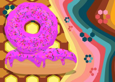 Retro 70 'lerin Donut' ı. Harika Tatlı 1970 'lerin sanat şablonu. Minimalist Vintage tasarım posteri. Eski moda renkli sanat eserleri.