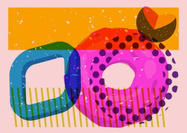 Geometrik şekilli Risograph Donutu. Geometri elemanları ile modayı gösteren riso grafik desen tasarımı nesneleri.