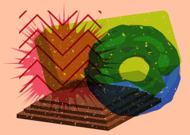 Geometrik şekilli Risograph Donutu. Geometri elemanları ile modayı gösteren riso grafik desen tasarımı nesneleri.