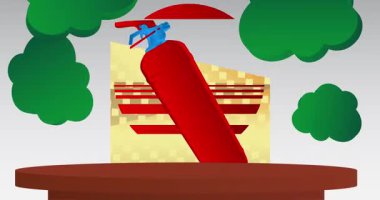 Yangın söndürücüyle taklit ürün sergisi. Animasyon silindiri kaide podyumu. Sunum için sahne gösterisi videosu. En küçük geometrik biçimlerin taşınması.