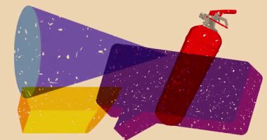 Risograph yangın söndürücü ve geometrik şekilli konuşma balonu animasyonu. Moda riso grafik tasarım videosunda nesne taşınıyor.