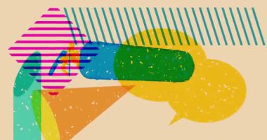 Risograph yangın söndürücü ve geometrik şekilli konuşma balonu animasyonu. Moda riso grafik tasarım videosunda nesne taşınıyor.