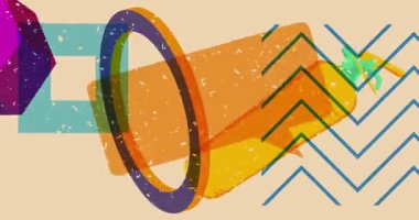 Risograph yangın söndürücü ve geometrik şekilli konuşma balonu animasyonu. Moda riso grafik tasarım videosunda nesne taşınıyor.