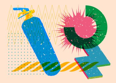 Geometrik şekilli risograph yangın söndürücü. Geometri elemanları ile modayı gösteren riso grafik desen tasarımı nesneleri.