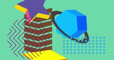 Metin için yeri olan geometrik grafik retro tema arkaplan animasyonu. Asgari geometrik elementler çerçeve video. Reklam için klasik soyut şekiller.