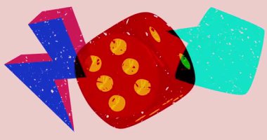 Risograph zar ve geometrik şekilli konuşma balonu animasyon. Moda riso grafik tasarım videosunda nesne taşınıyor.