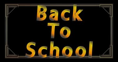 Altın çerçeveli Art deco Okula Dönüş metni, dekoratif çizgiler animasyon ve geometrik altın video ile sınırdır.