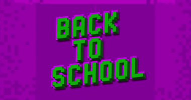 Geometrik arkaplanlı okul resimli kelime animasyonuna dönelim. Çizgi film videosu.