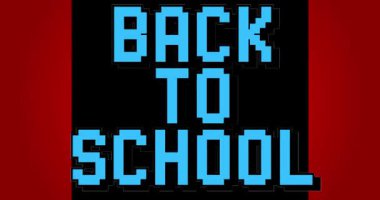 Geometrik arkaplanlı okul resimli kelime animasyonuna dönelim. Çizgi film videosu.