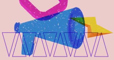 Geometrik şekilli risograph megafonu animasyon. Moda riso grafik tasarım videosunda nesne taşınıyor.