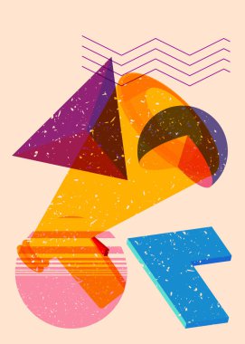 Geometrik şekilli Risograph Megafonu. Geometri elemanları ile modayı gösteren riso grafik desen tasarımı nesneleri.
