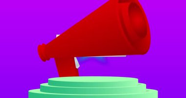 Megafonlu bir ürün modeli. Animasyon silindiri kaide podyumu. Sunum için sahne gösterisi videosu. En küçük geometrik biçimlerin taşınması.