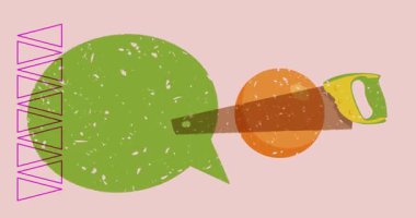 Geometrik şekilli testere ve konuşma balonu animasyonu. Moda riso grafik tasarım videosunda nesne taşınıyor.