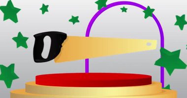 Testere ile model ürün görüntüsü. Animasyon silindiri kaide podyumu. Sunum için sahne gösterisi videosu. En küçük geometrik biçimlerin taşınması.