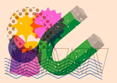 Geometrik şekilli risograph mıknatısı. Geometri elemanları ile modayı gösteren riso grafik desen tasarımı nesneleri.