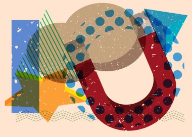 Geometrik şekilli risograph mıknatısı. Geometri elemanları ile modayı gösteren riso grafik desen tasarımı nesneleri.