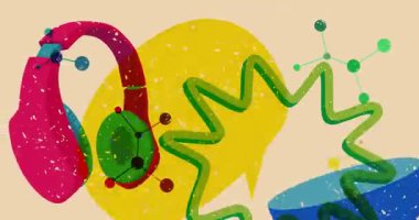 Risograph Headset and speech bubble with geometric shapes animation. Moving object in trendy riso graph design video.