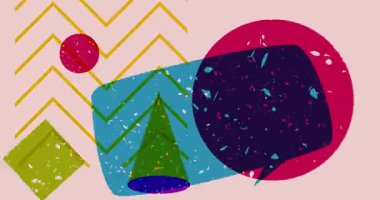 Geometrik şekilli Risograph konuşma balonu animasyonu. Moda riso grafik tasarım videosunda nesne taşınıyor.